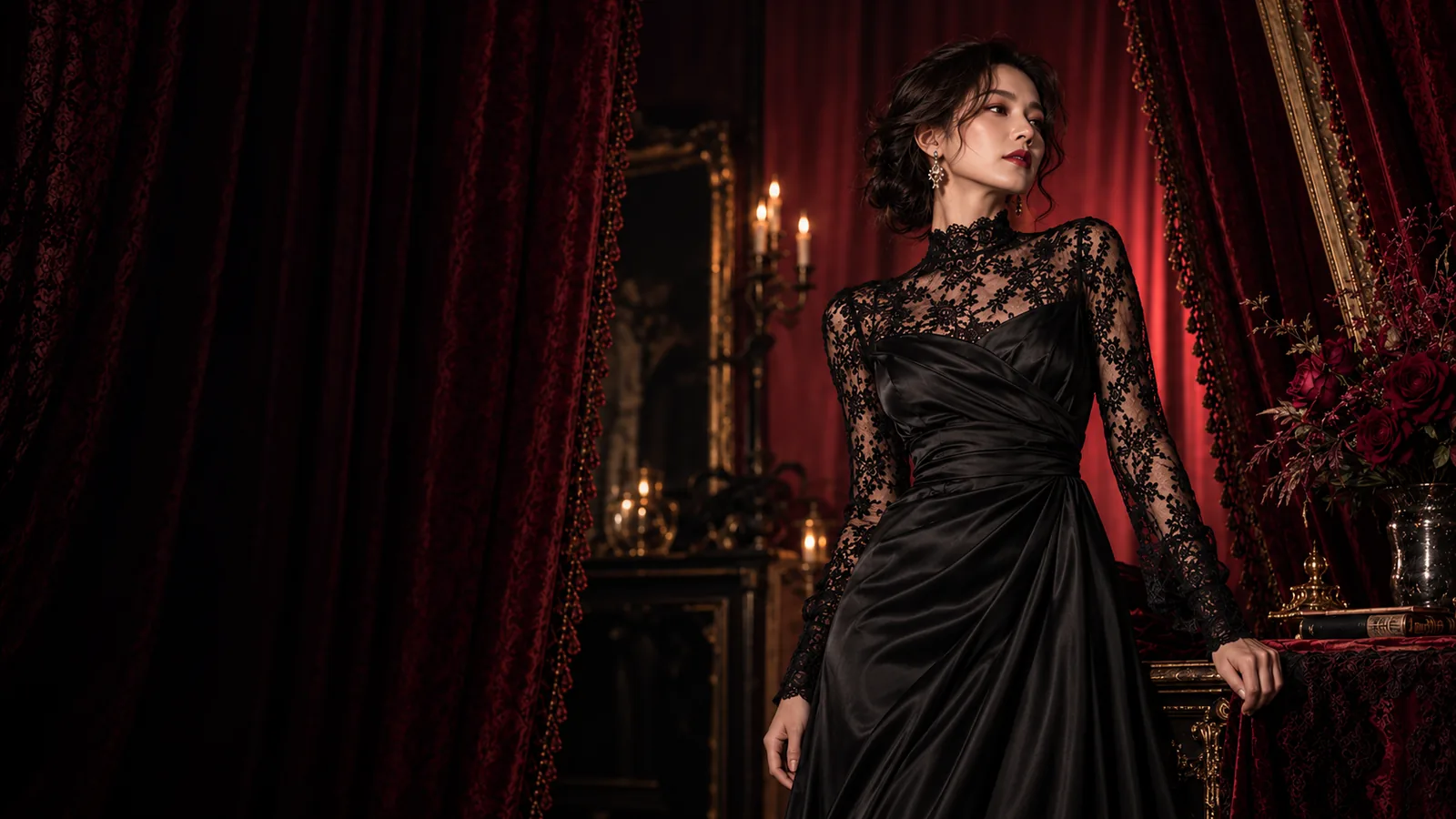 Illustration d’une femme adulte en robe de soirée noire, dentelle et soie, devant des rideaux bordeaux