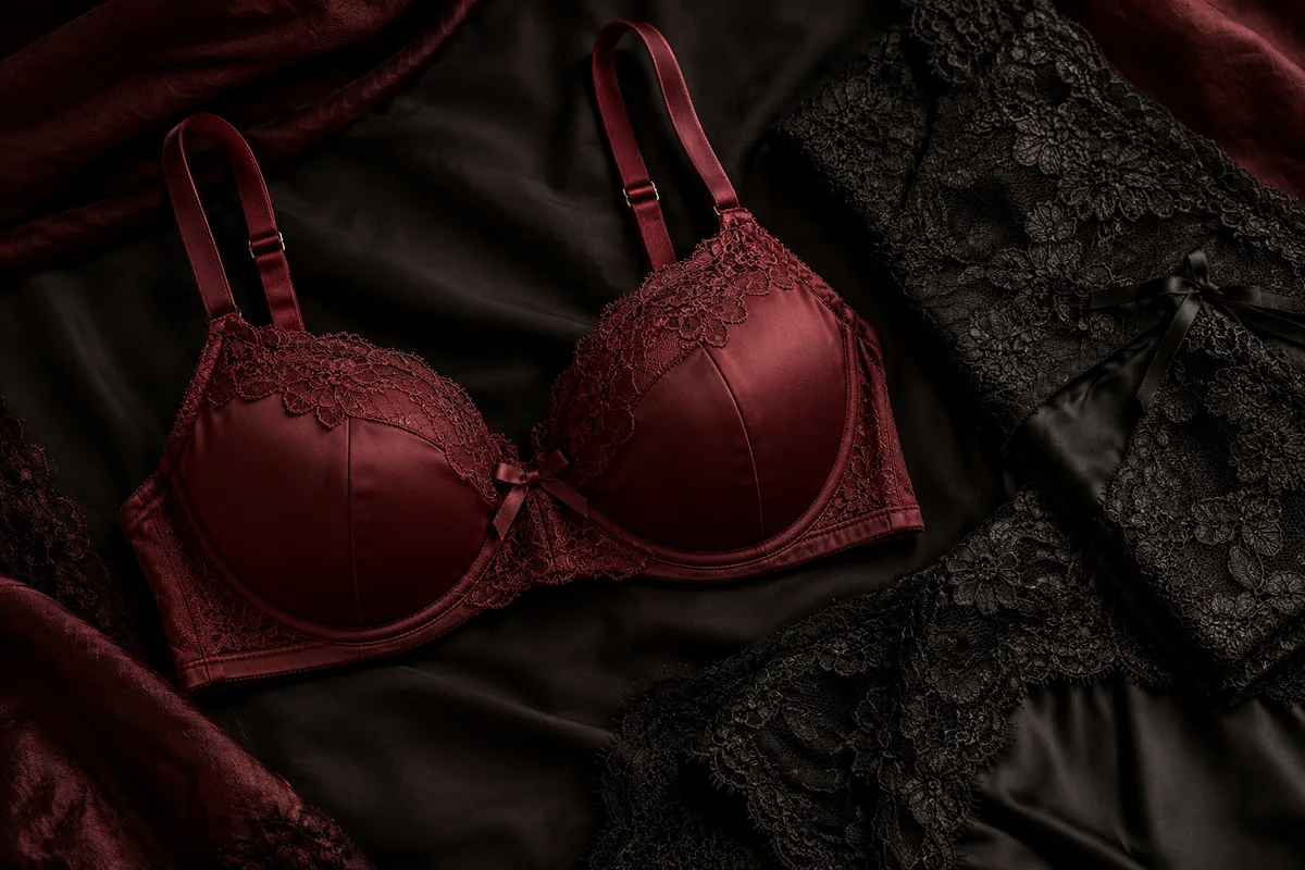 Illustration de lingerie bordeaux et de détails en dentelle, disposés à plat